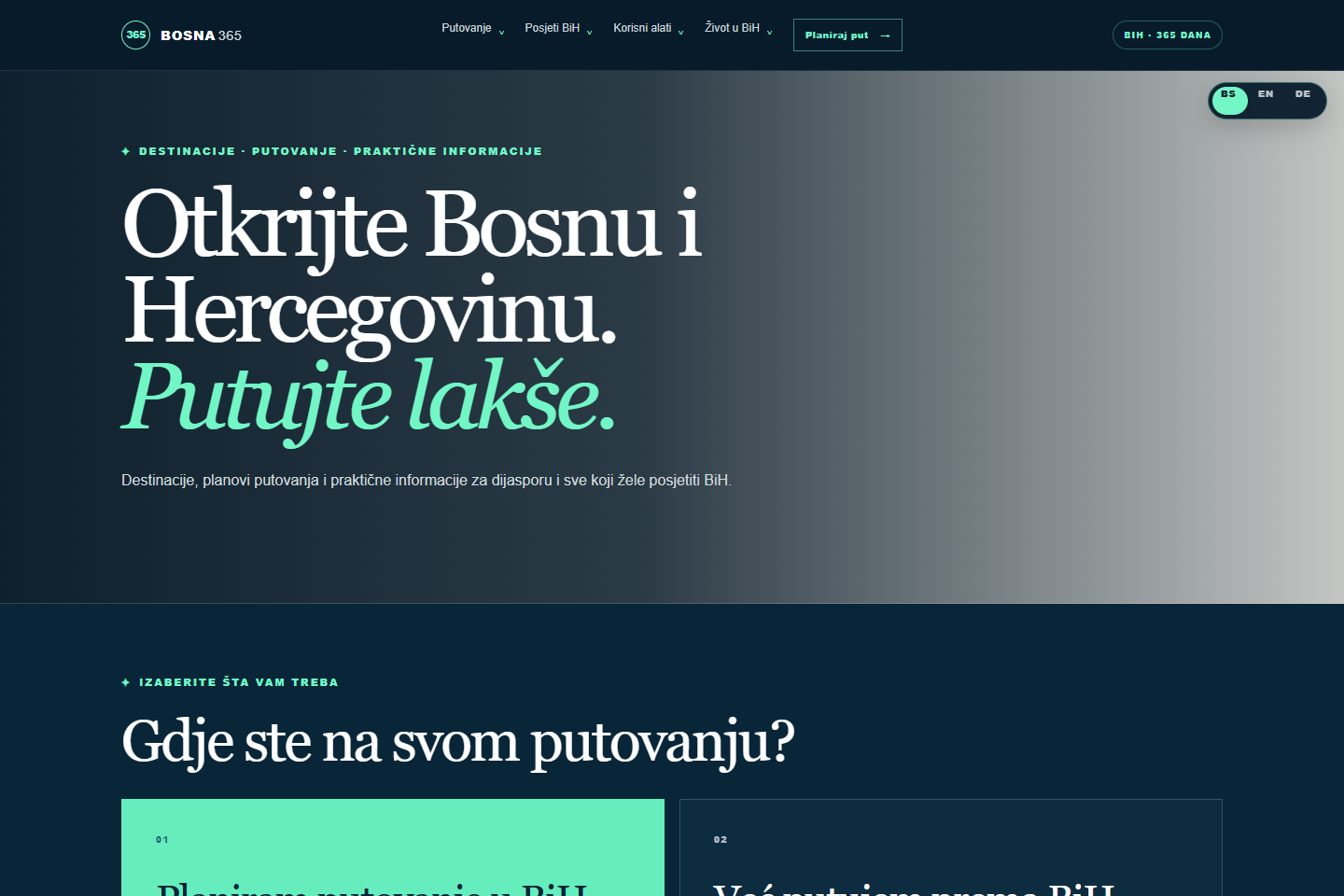 Početna stranica portala Bosna365 s informacijama o putovanjima u BiH